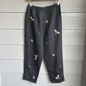 CJ Laing Linen Capri Pants Size 2 Black Embroidered Dragonflies Artsy Coastal